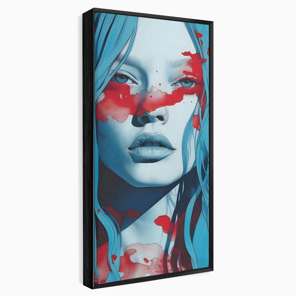 Tablou canvas cu tablou canvas cu portret albastru si pete rosii, in rama de aluminiu negru
